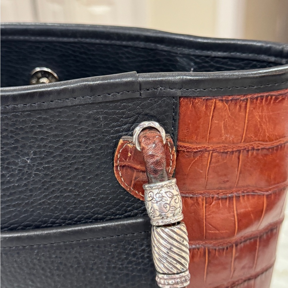 Brighton Caroline Bucket Purse Handbag Tote Black Leather Brown Croc & Dust Bag - Picture 8 of 10